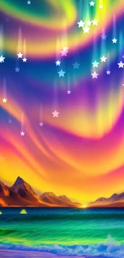 Vivid aurora lights over mountains and sea in vibrant colors.