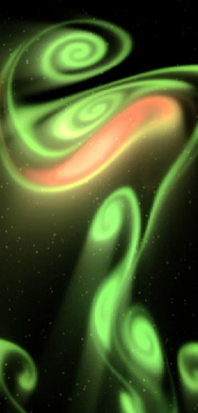 Mobile wallpaper featuring glowing green aurora spirals on a cosmic backdrop.