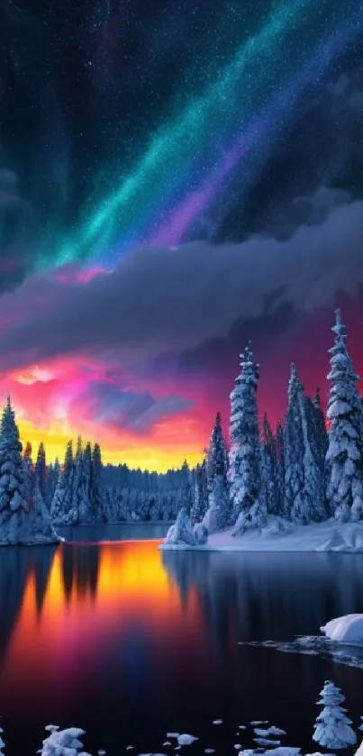 Winter forest with aurora lights over a serene frozen lake at night.