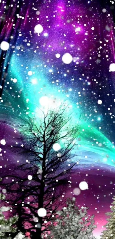 Aurora night sky with snow-covered trees and vibrant purple hues.