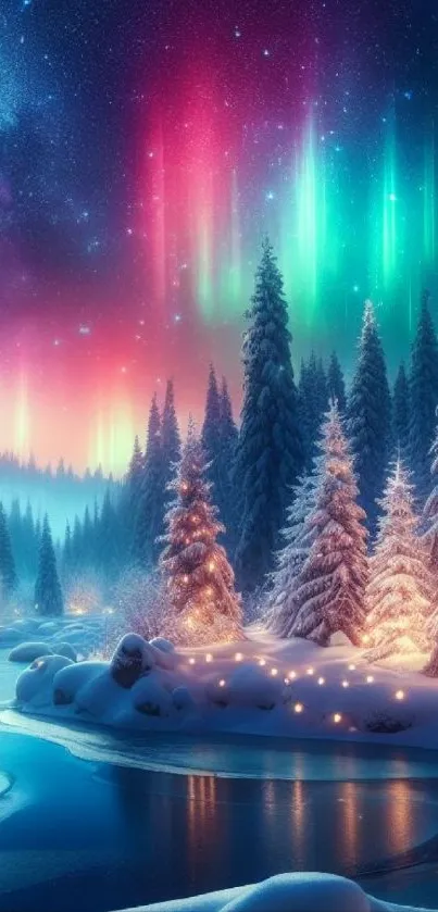 Snow-covered trees under vibrant auroras.