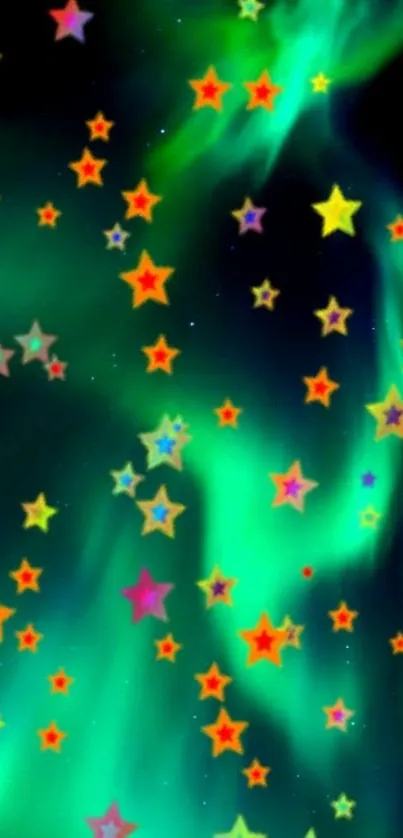 Aurora Borealis wallpaper with colorful stars against a night sky.