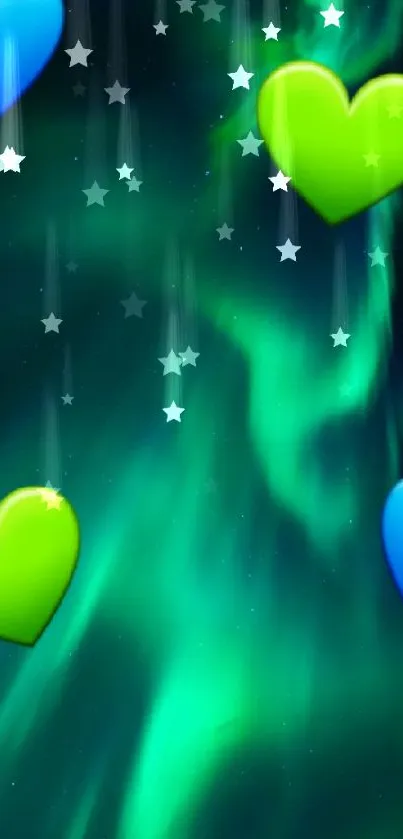 Mobile wallpaper of aurora borealis with colorful hearts.