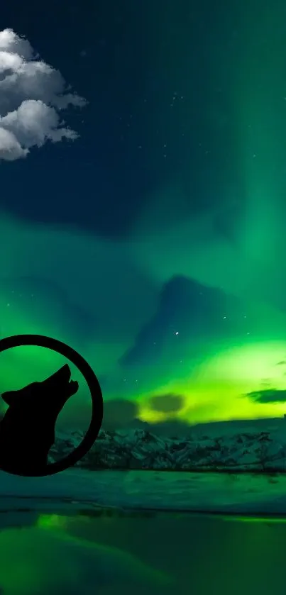 Majestic wolf silhouette under vibrant Northern Lights display.