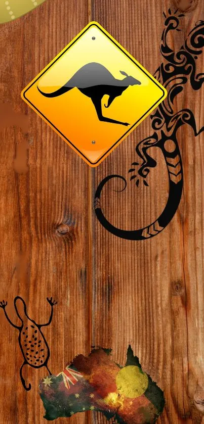 Australian outback themed wallpaper with wood texture and kangaroo sign.