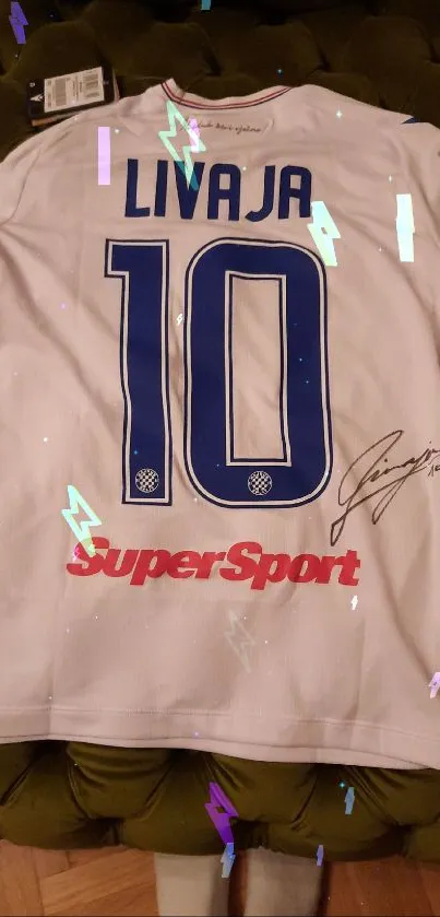 Rear view of autographed soccer jersey with bold number 10 design.