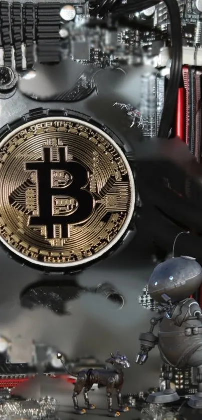 Bitcoin and robots on a tech-themed wallpaper.