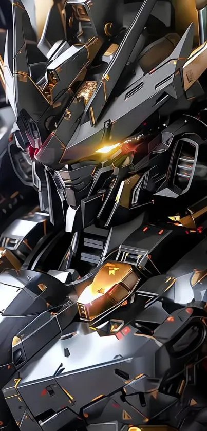 Futuristic black and gold mecha robot wallpaper art.