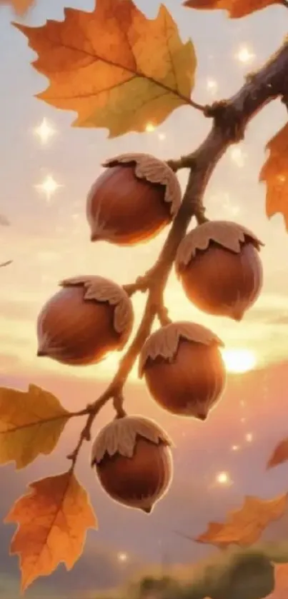 Autumn branch with acorns at sunset.