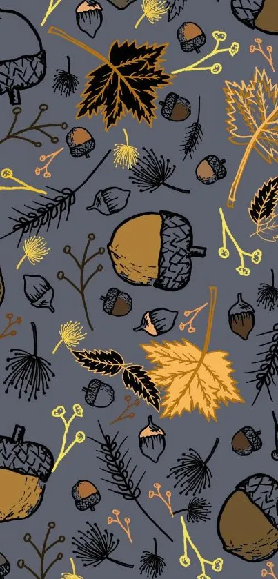 Autumn-themed wallpaper with acorns and leaves on a gray background.