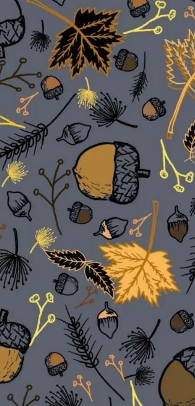 Autumn pattern wallpaper with acorns and leaves on a gray background.