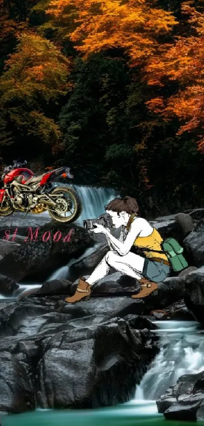 Autumn scene with motorcycle and waterfall.