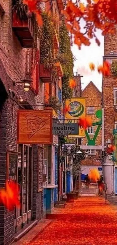 Autumn alleyway with colorful leaves and charming street view.