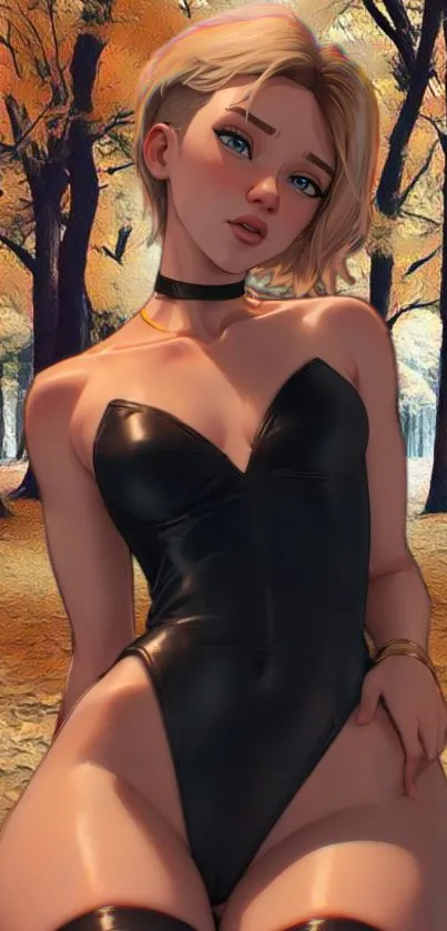 Animated character in black outfit in autumn forest scene.