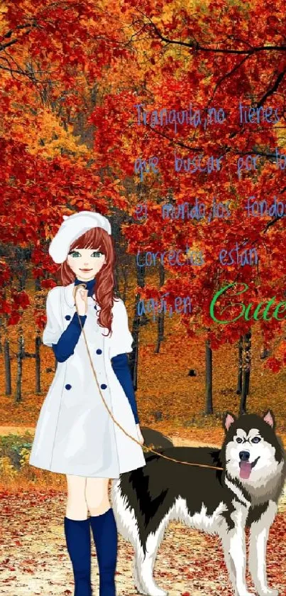 Anime girl with dog in autumn forest scene.