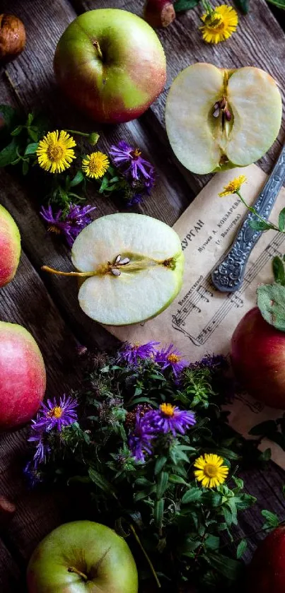 Vibrant apples and flowers on rustic wooden background.