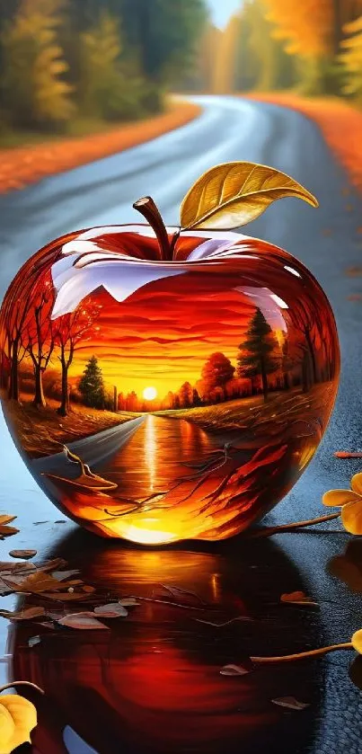 A glossy apple reflects an autumn road and forest scenery.