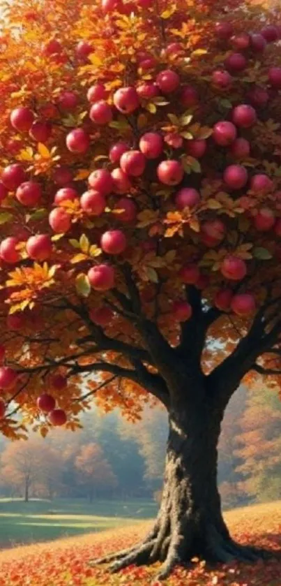 A vibrant apple tree in full autumn foliage.