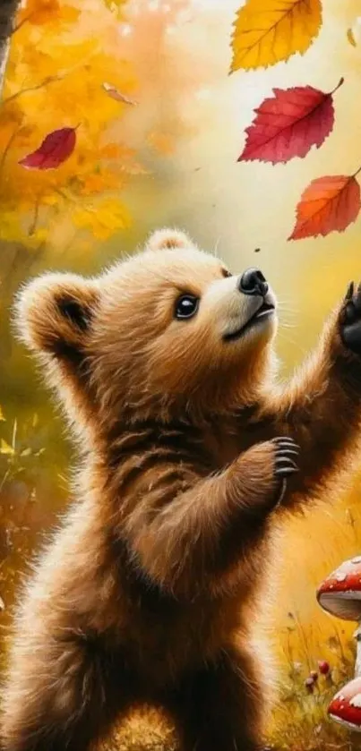 Cute bear cub playing with autumn leaves in a forest setting.