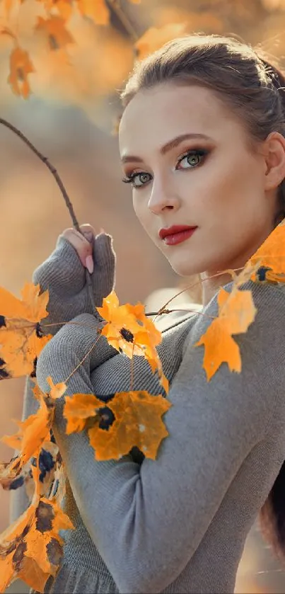 Woman in autumn setting with golden leaves.