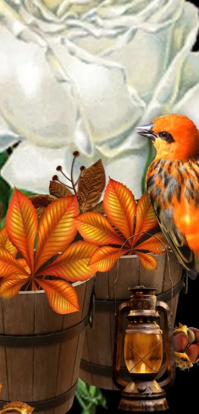 Artistic wallpaper with orange bird, fall leaves, white roses, and rustic barrels.