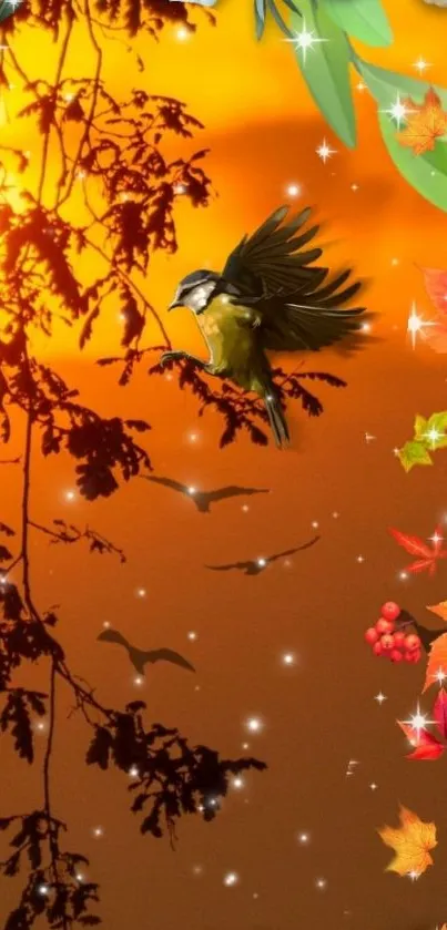 Autumn bird in vibrant sunset with colorful leaves and stars.