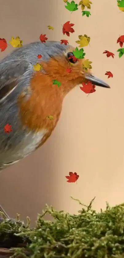 Bird with autumn leaves on mossy branch wallpaper.