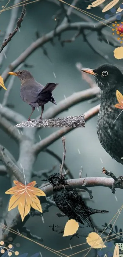 Birds perched on branches with autumn leaves in a teal-themed wallpaper.