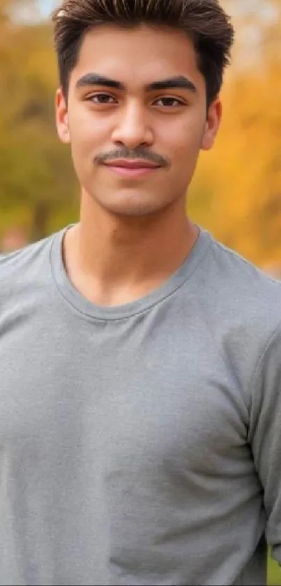 Young person in a gray shirt with a blurred autumn background.