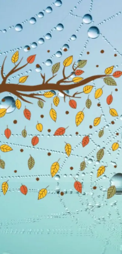 Autumn branch with colorful leaves on a light blue background.