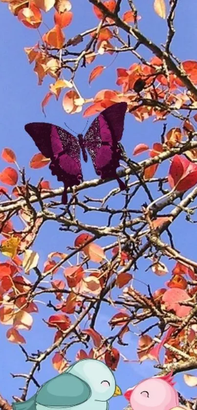 Autumn tree branches with leaves, cartoon birds, and a butterfly against blue sky.