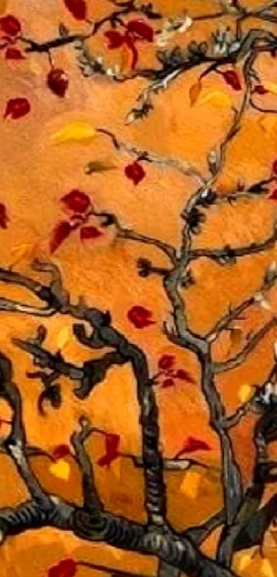 Orange wallpaper with autumn branches and red leaves.