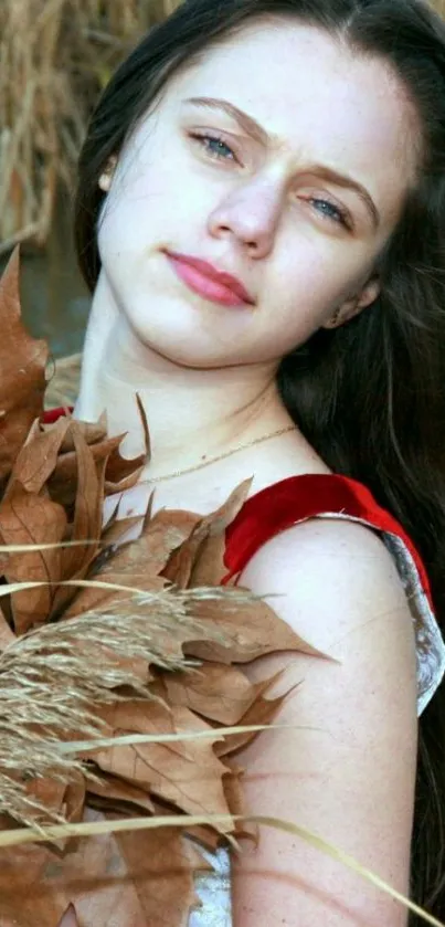 Portrait amidst golden autumn leaves.