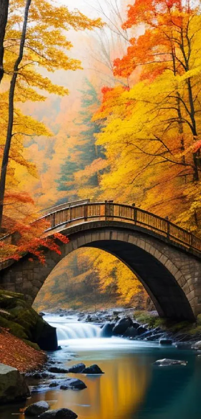 Autumn landscape with a bridge over a serene stream surrounded by fall leaves.