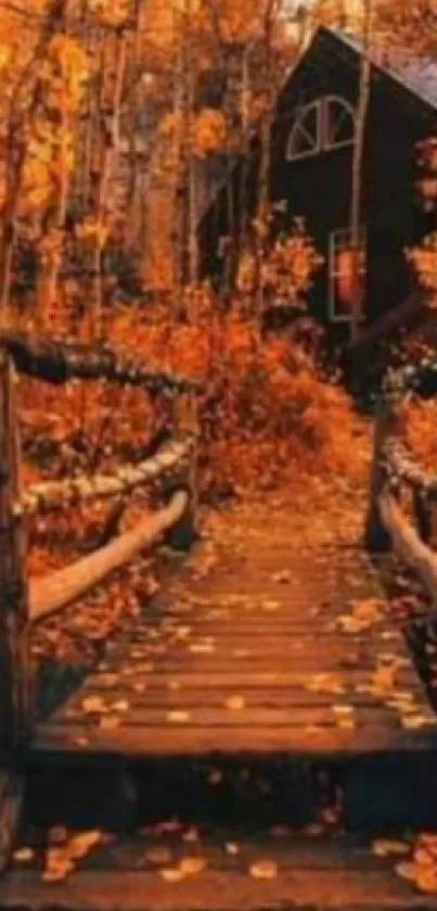 Rustic bridge leading to cabin in vibrant autumn forest.