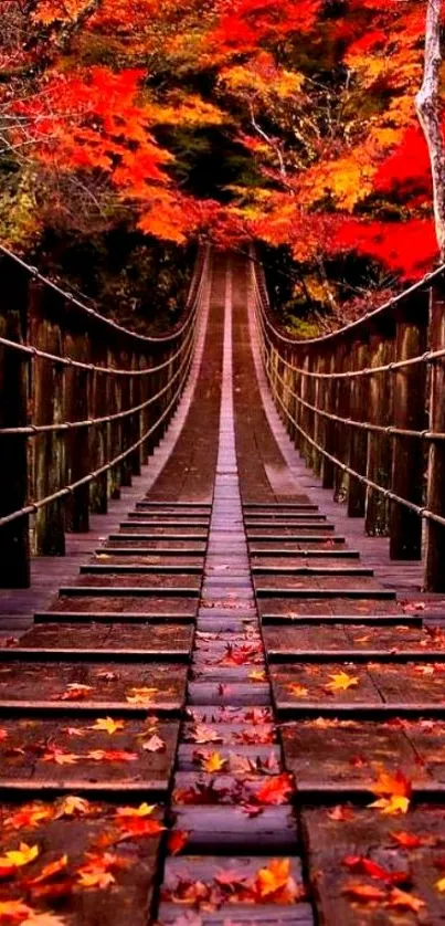 Autumn bridge wallpaper with red and orange leaves and wooden path.