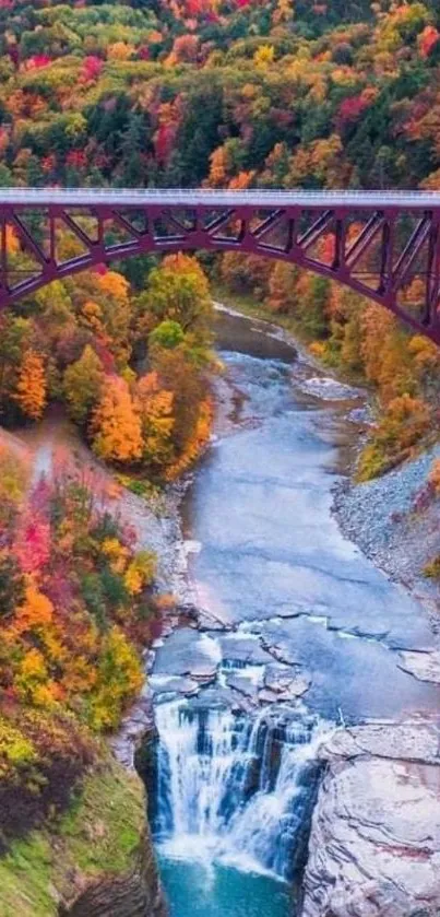 Vibrant autumn landscape with bridge and waterfall.