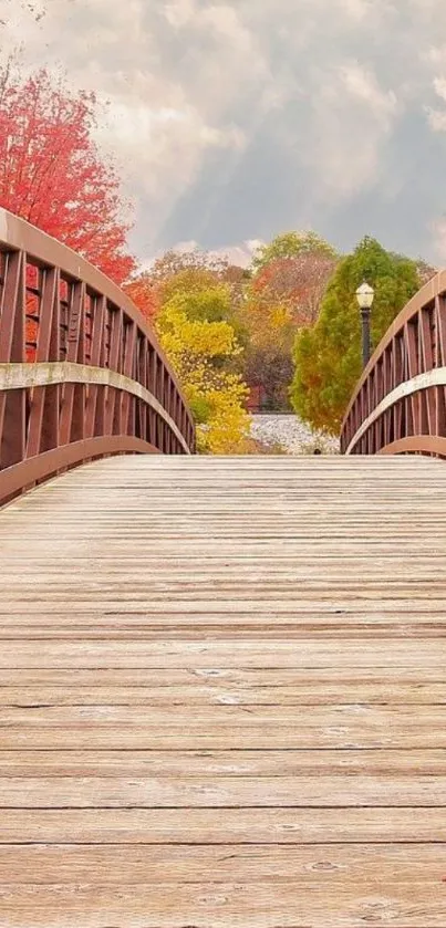 Autumn bridge with colorful trees and serene sky.