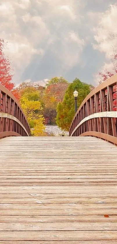 Wooden bridge surrounded by autumn leaves.