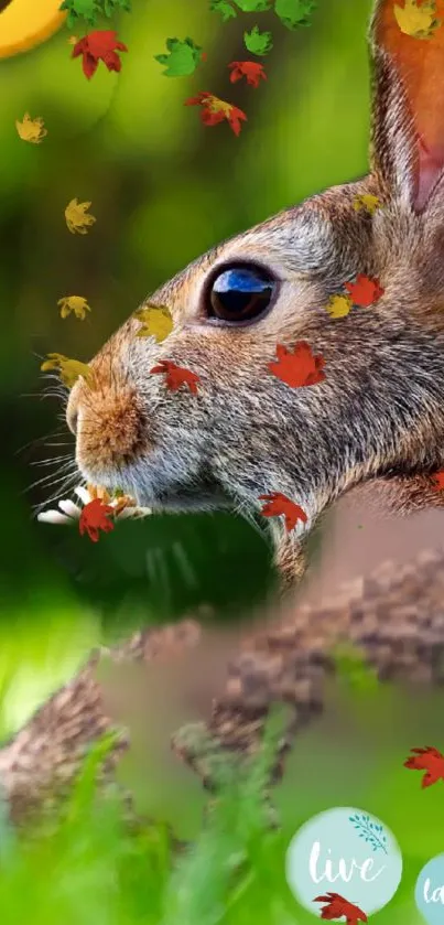 Cute rabbit in autumn leaves background wallpaper.