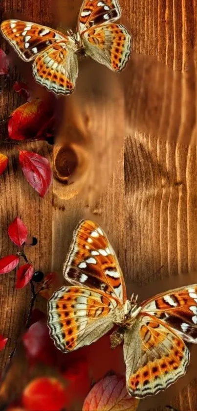 Orange butterflies on wooden texture with autumn leaves.