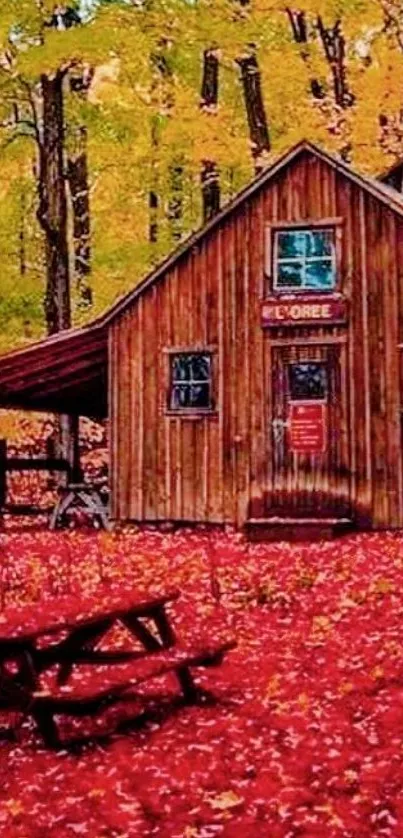 Rustic cabin surrounded by autumn leaves and vibrant forest.