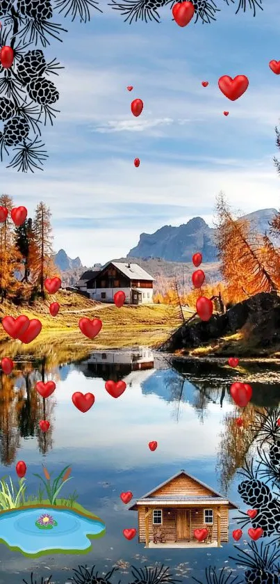 Scenic autumn landscape with cabin and lake reflection, adorned with red hearts.