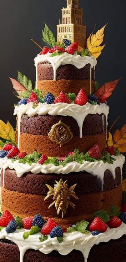 Layered cake with autumnal decorations and golden topper on dark background.