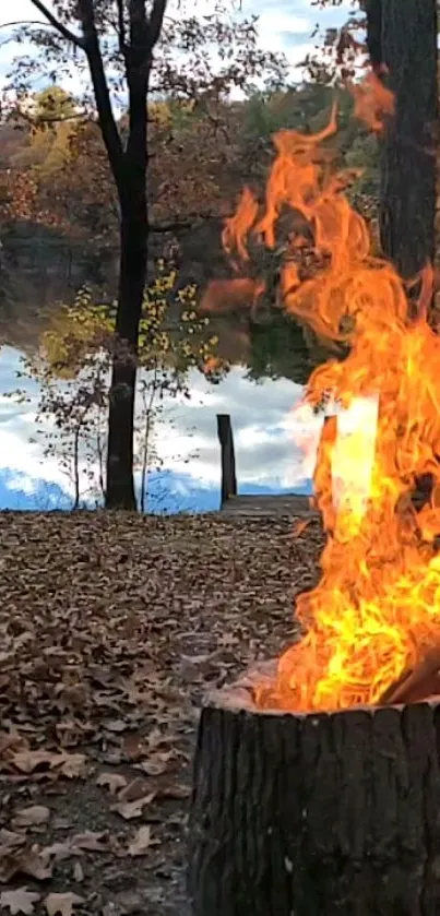 Campfire beside a lake with autumn leaves.