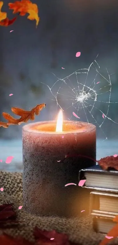 Lit candle with autumn leaves on a rustic background.