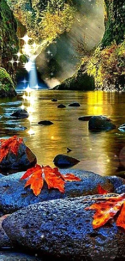 Autumn leaves and waterfall in a glowing canyon.