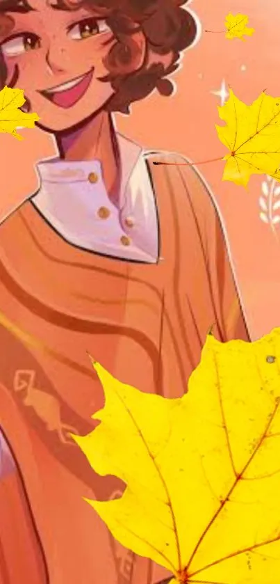 Cartoon character with yellow leaves on an orange background, autumn-themed design.