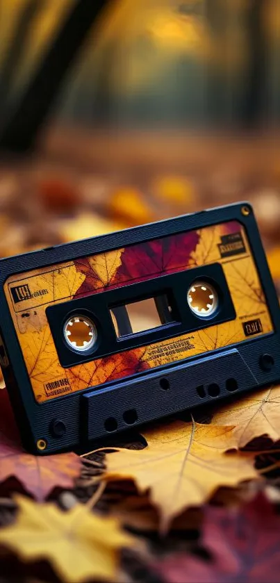 Cassette tape with autumn leaves background.
