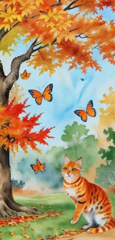 Autumn scene with a cat and butterflies among colorful fall foliage.